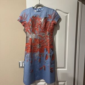 Teri Jon Blue and Red Floral Knee-Length Dress